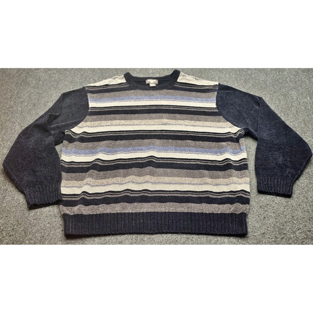 Dockers Sweater Mens XXL Navy Blue Striped Chenille Texture Crewneck Pullover
